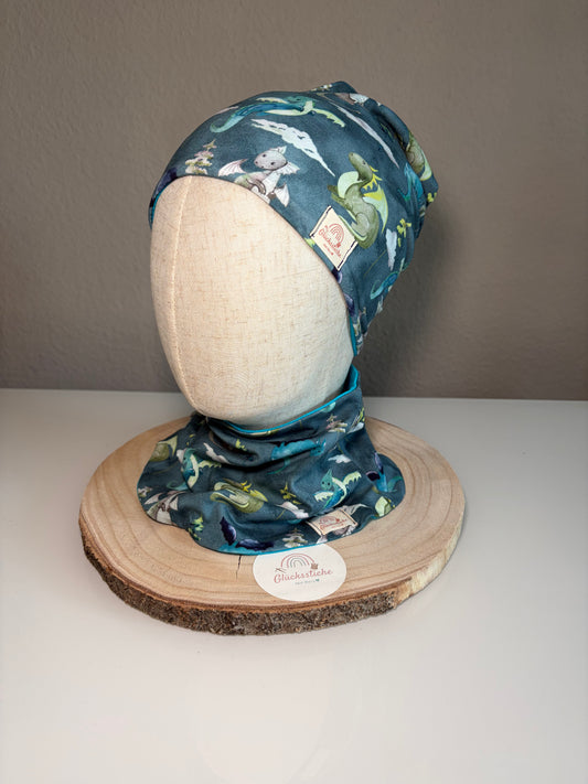 Schal und Mützen Set „Drache Türkis“